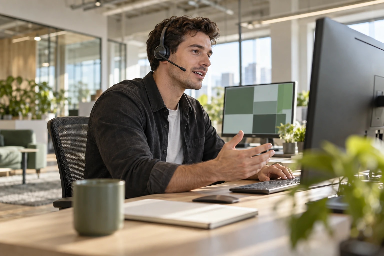 Illustrative sales development rep with a slim headset mid-conversation at a desk in a modern technology office
