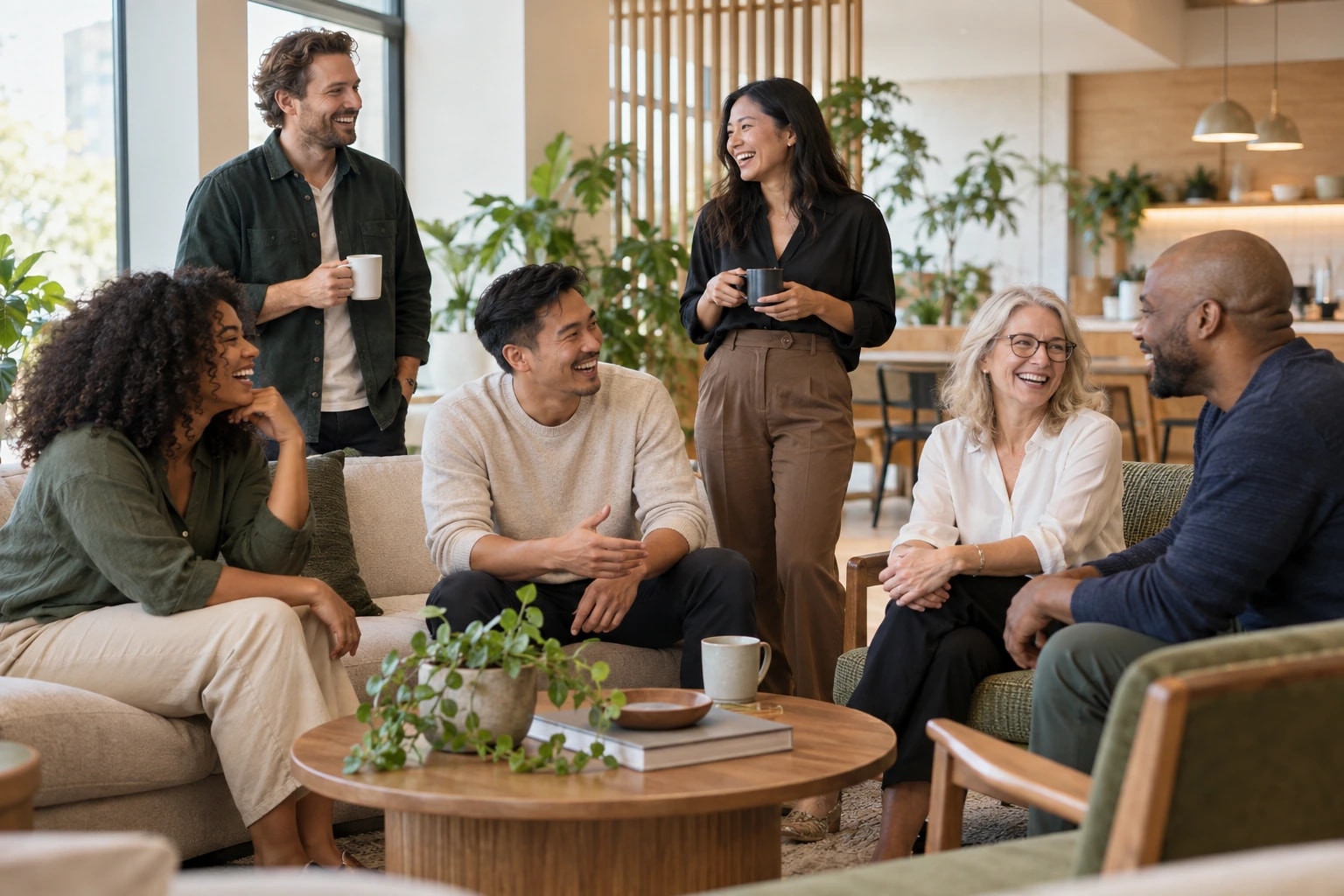 Illustrative candid team moment: six colleagues laughing together in an office lounge with sofas and plants during a relaxed break between calls