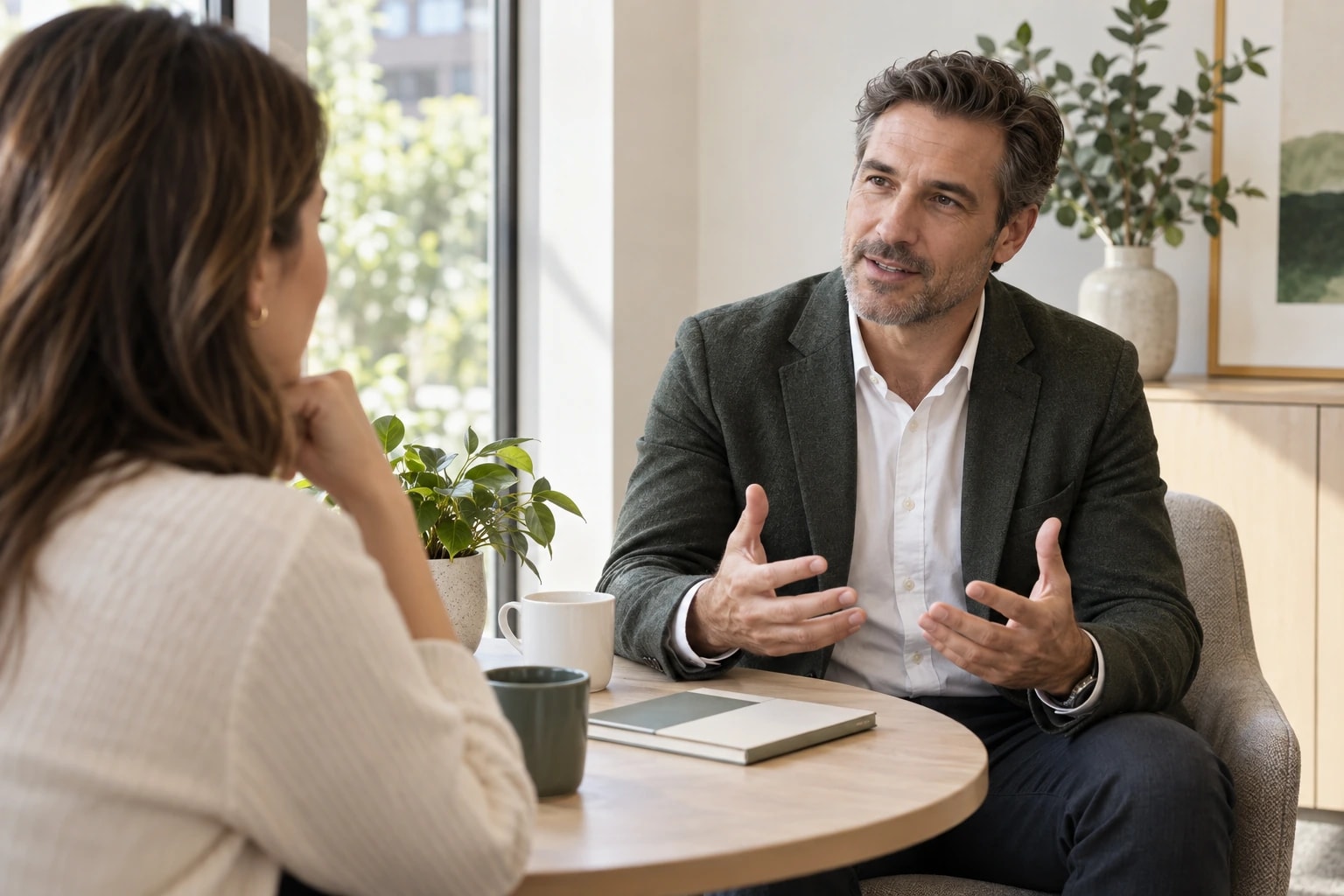 Illustrative consultant in his 40s explaining something with open hands to a client across a small table in a bright meeting nook, notebook and coffee between them