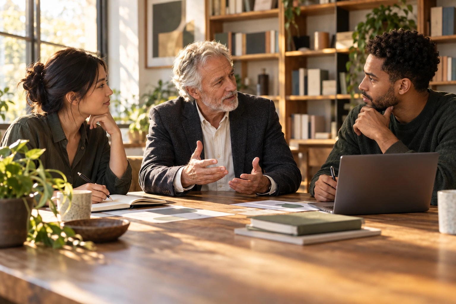 Illustrative seasoned founder in his 60s with grey hair mentoring two young team members at a long wooden table in warm afternoon light, bookshelves softly blurred