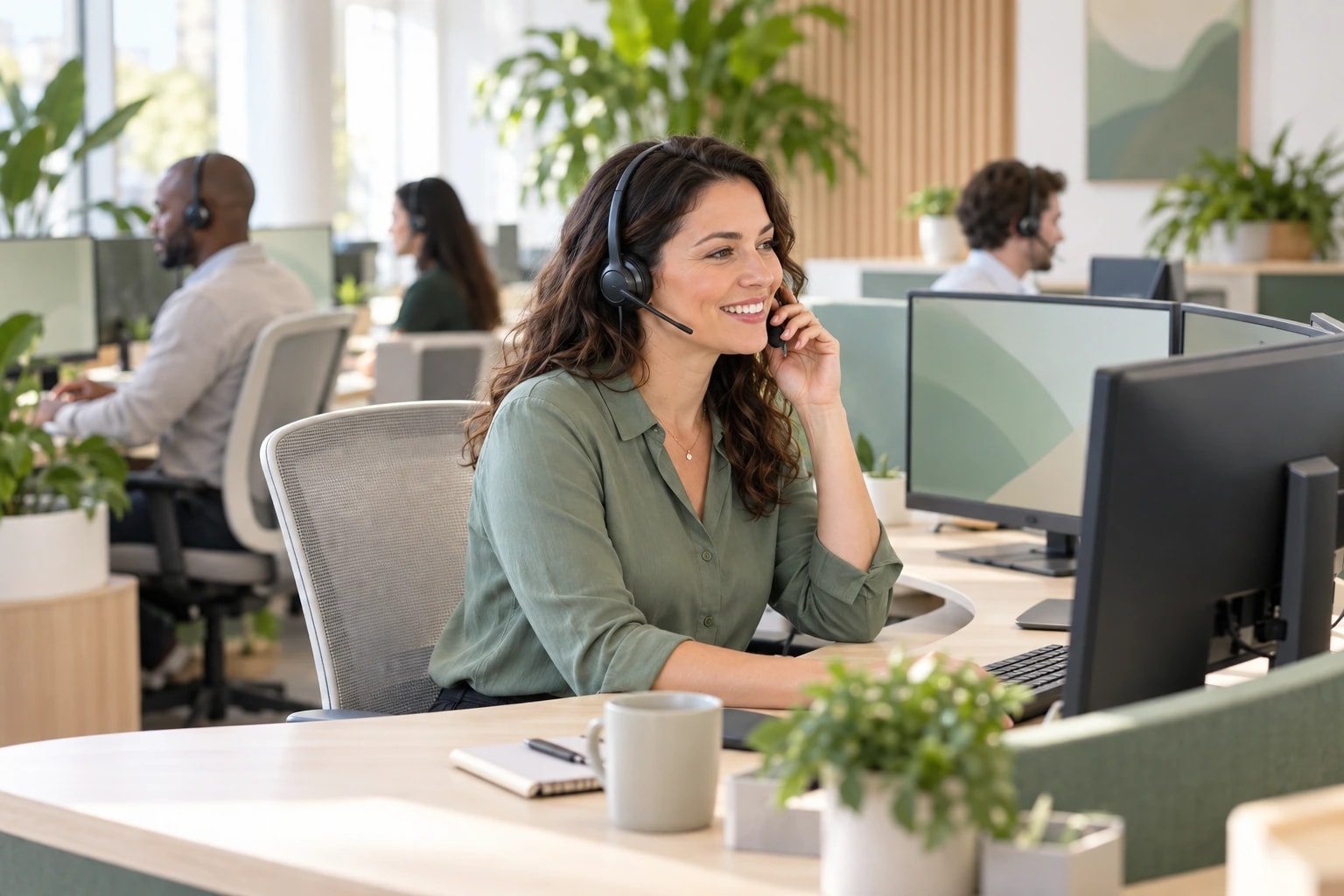 Illustrative inbound support agent smiling as she answers a call at a curved desk with dual monitors, colleagues softly blurred behind her
