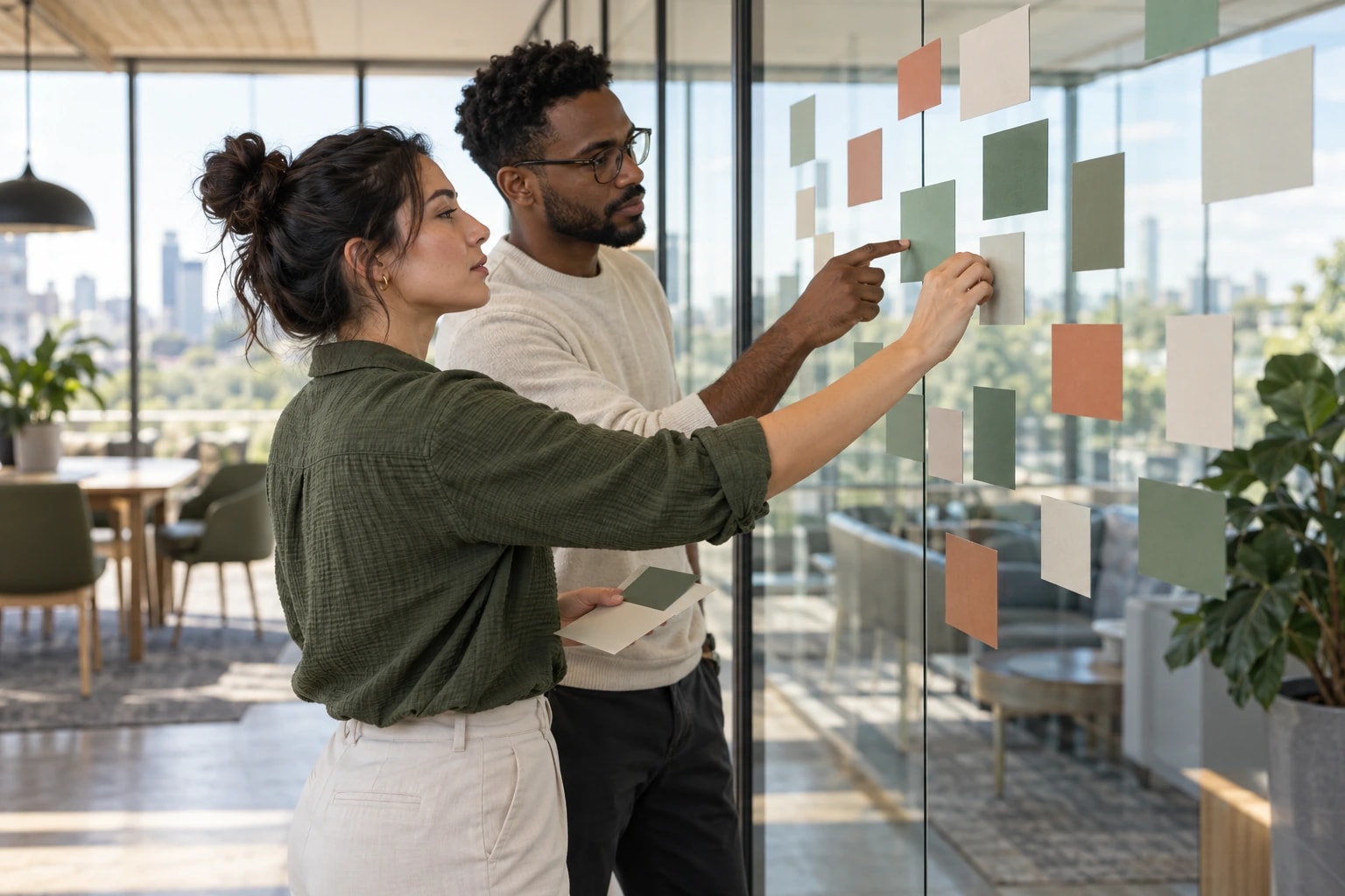 Illustrative two marketers arranging blank colored index cards on a glass wall to map target accounts, one of them pointing
