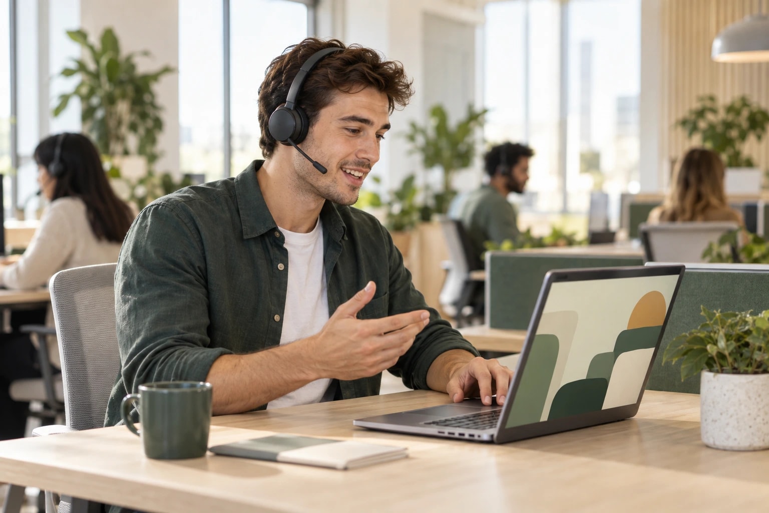 Illustrative sales development rep with a headset mid-call at a clean desk on a modern calling floor