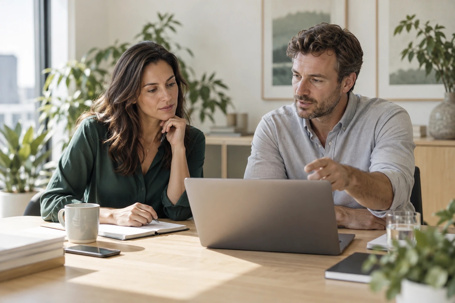 Illustrative: two colleagues comparing a shortlist of providers on a laptop at a meeting table