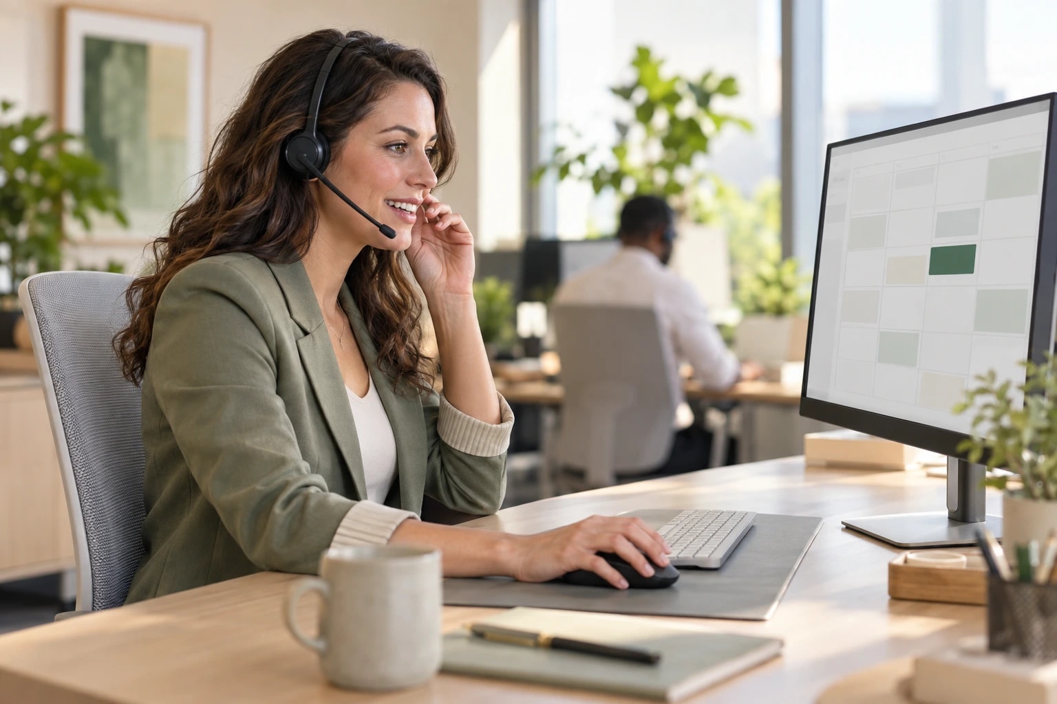 Illustrative caller confirming a meeting on a headset while a monitor shows a calendar grid with one green block being placed