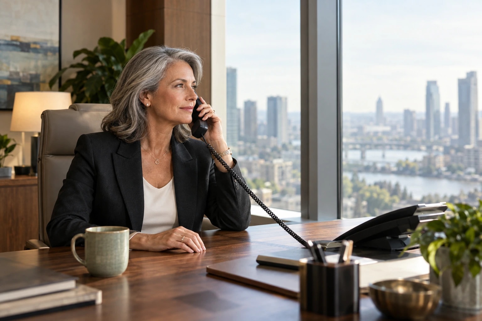 Illustrative senior executive in her 50s answering her desk phone in a corner office, looking out of a large window with city views