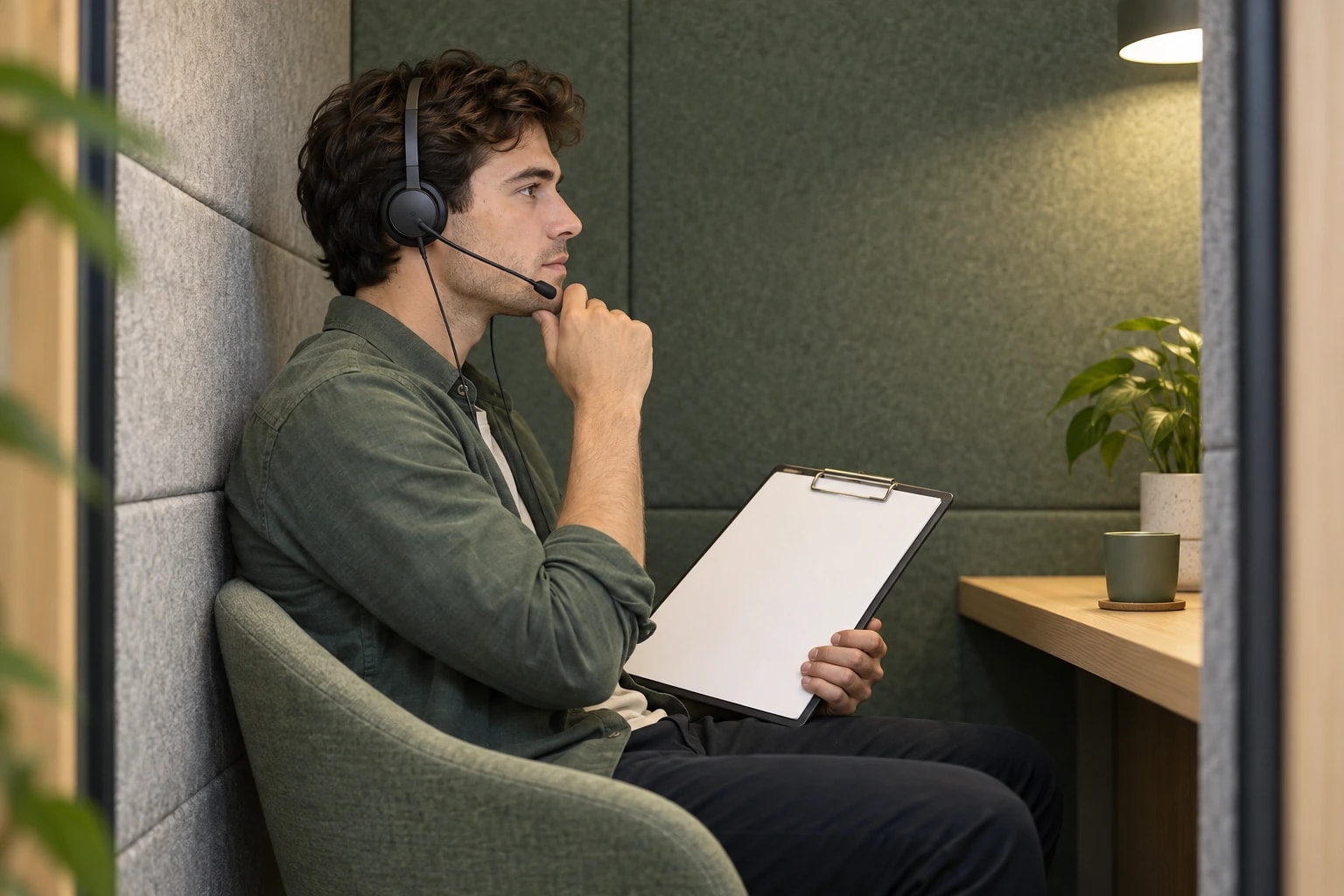 Illustrative market research interviewer wearing a headset and holding a clipboard in a quiet booth with felt panels, listening intently