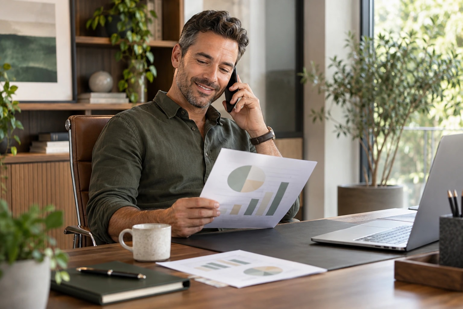 Illustrative satisfied client in his 40s nodding and smiling during a phone call at his company office while reviewing a report with soft abstract charts