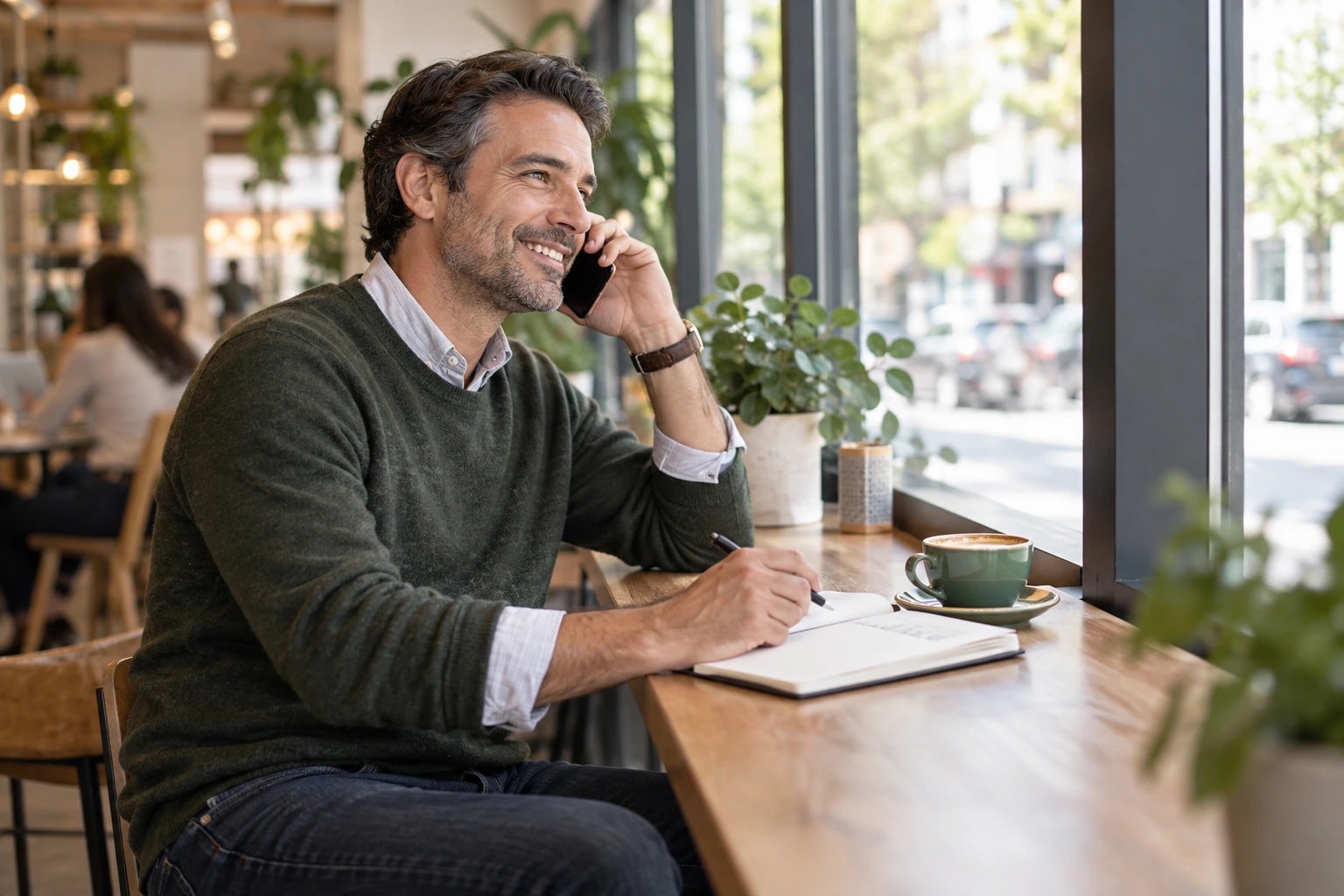 Illustrative business development rep making a follow-up call from a café