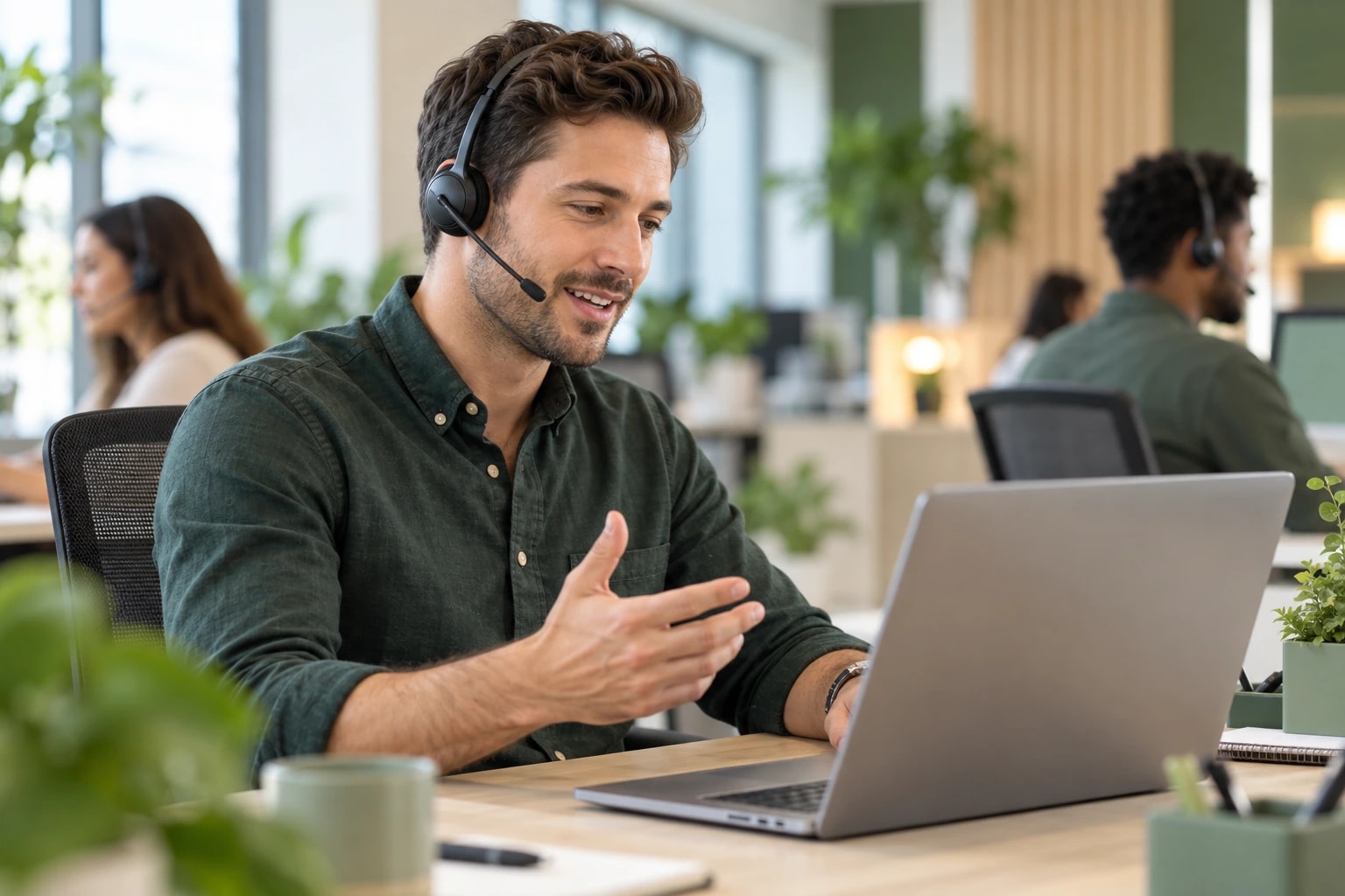 Illustrative appointment setter in a headset speaking with a prospect