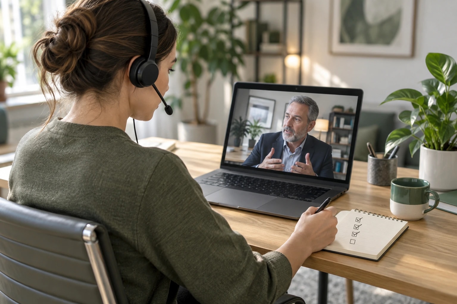 Illustrative qualifier on a video call with a prospect, checklist beside her