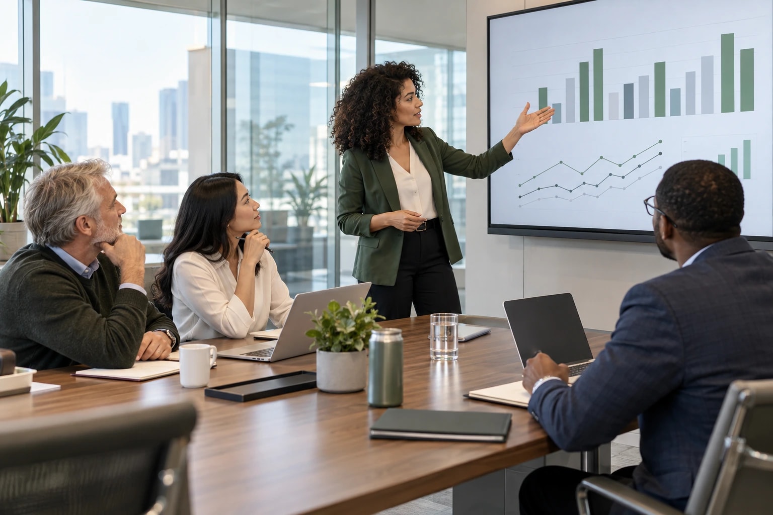 Illustrative team reviewing campaign results on a wall display