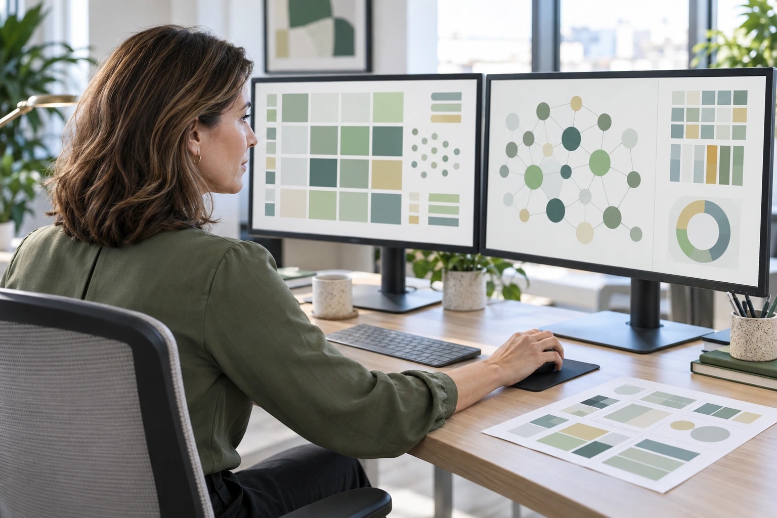 Illustrative research analyst reviewing prospect data on two monitors